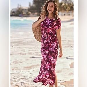 NWT J.jill XL Tall Cap-sleeve Maxi Dress In Cranberry Watercolor